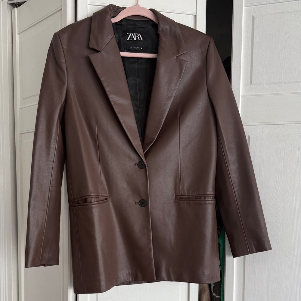 Zara Women's Chocolate Brown Faux Leather Blazer